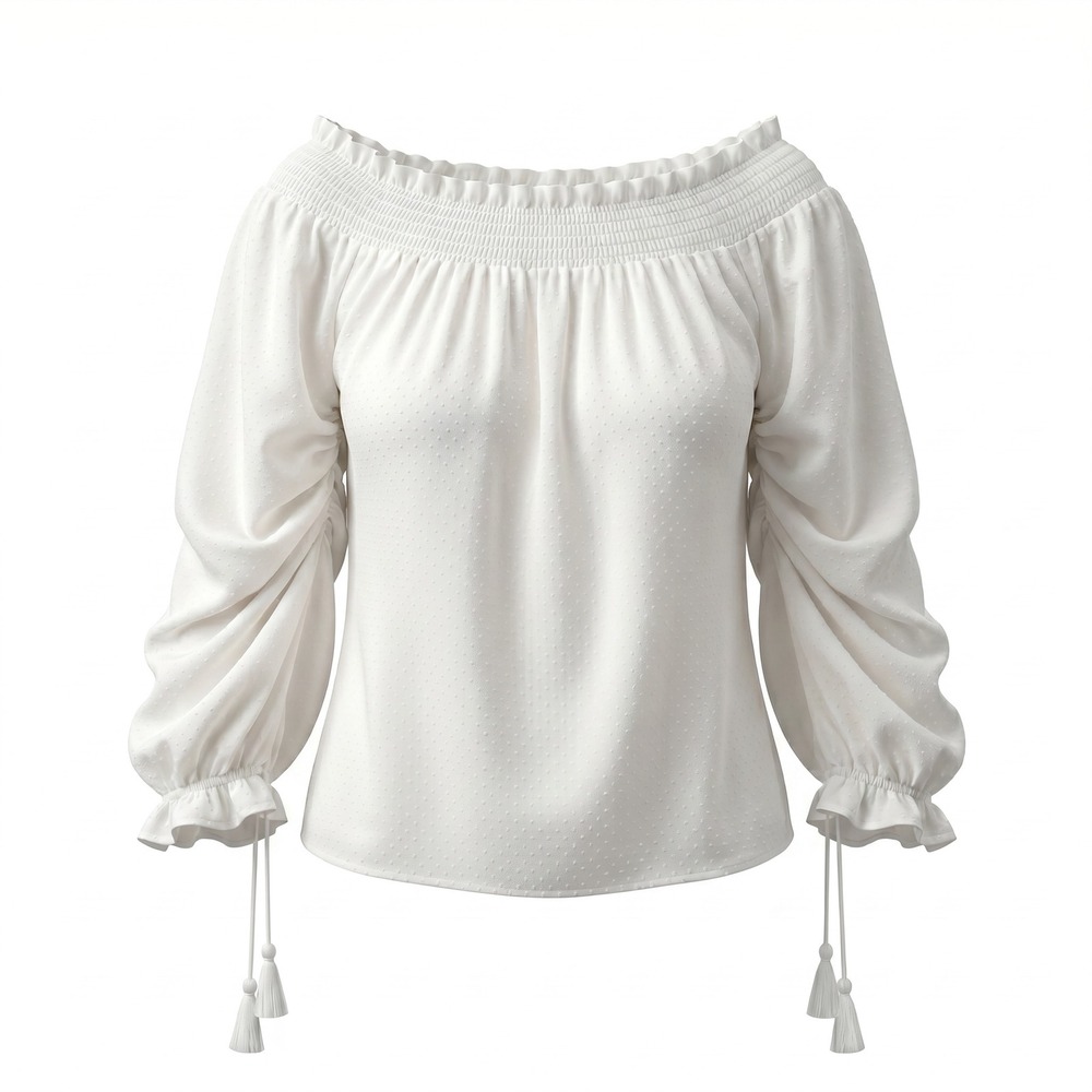 Paige Off The Shoulder Blouse‎ XS White Satin Dot Ruched Tassel Boho Cottagecore